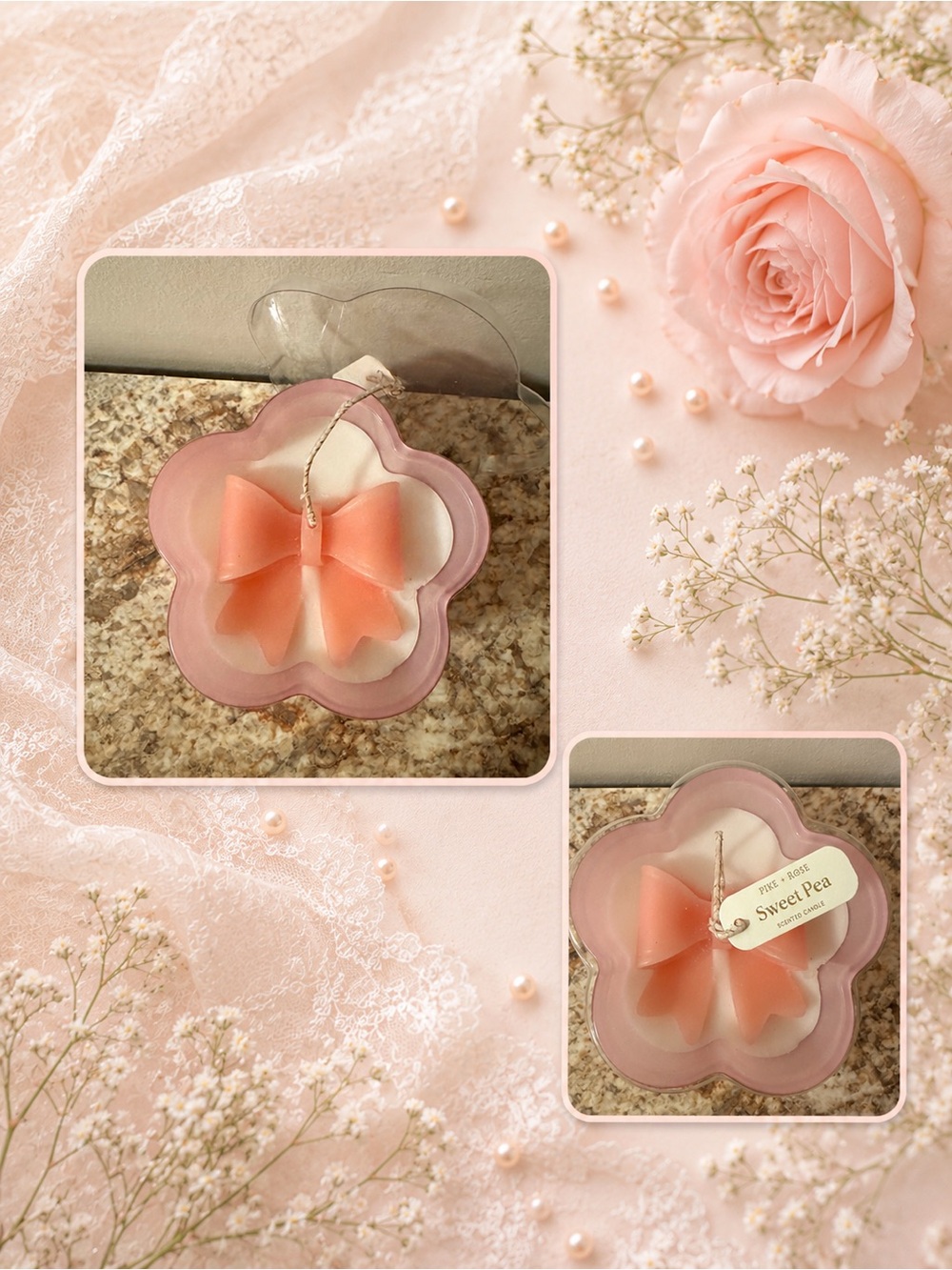 Sweet Pea Scented Candle, Pink Bow Flower Shaped Candle 12oz
